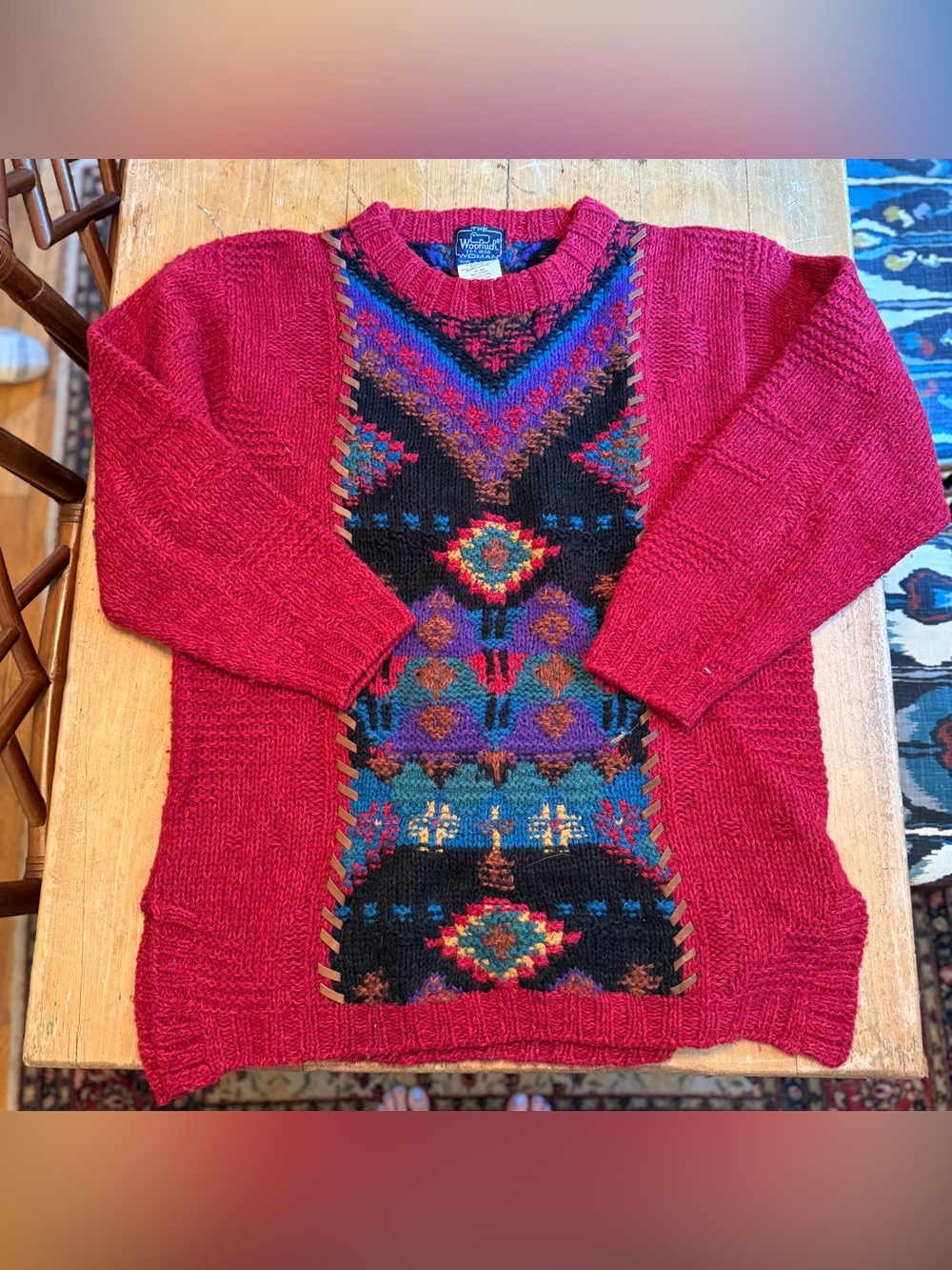 Vintage Woolrich Woman Wool Blend Southwestern Sweater L Red Tapestry Whipstitch
